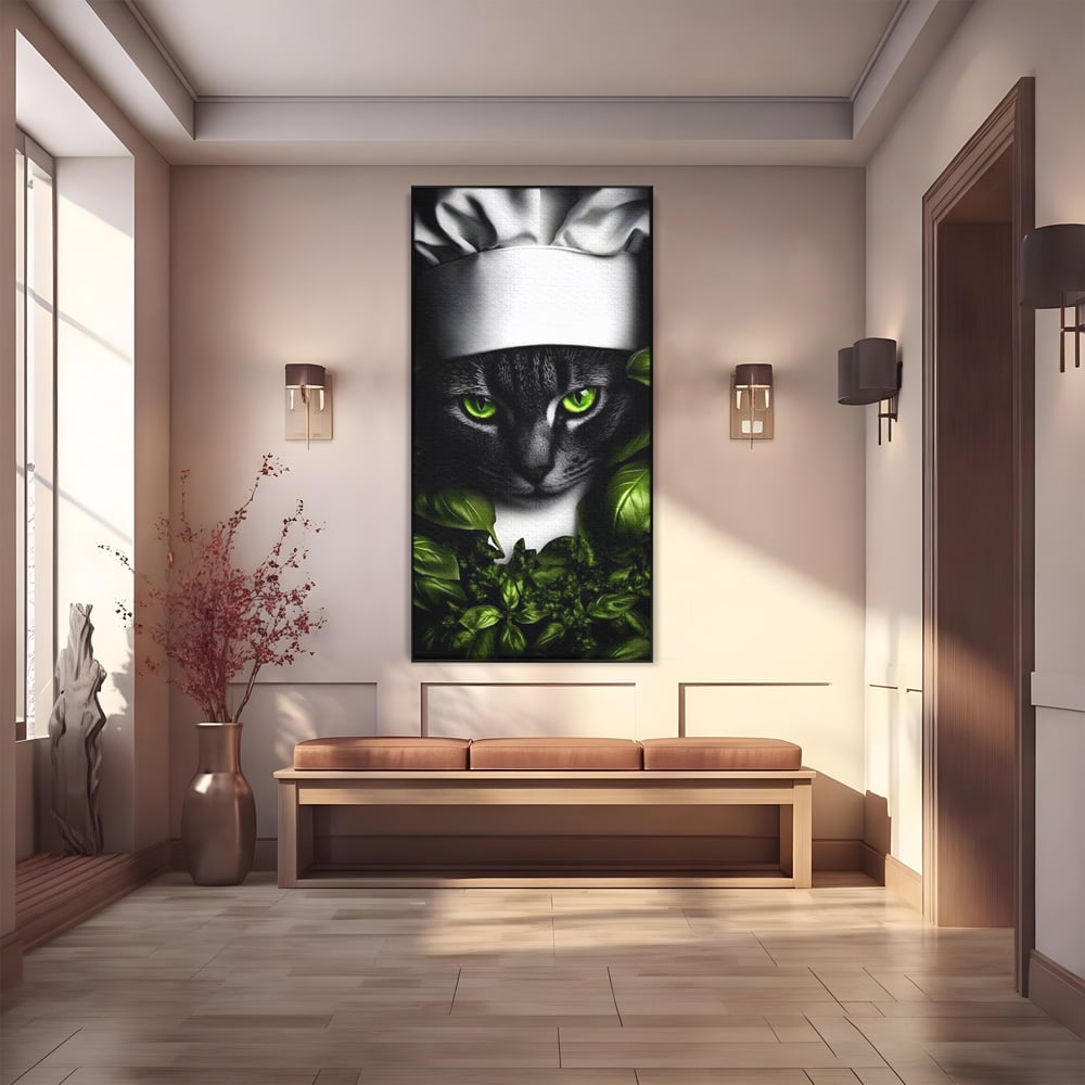 Tablou canvas cu tablou canvas cu pisica bucatar si frunze, in rama de aluminiu negru